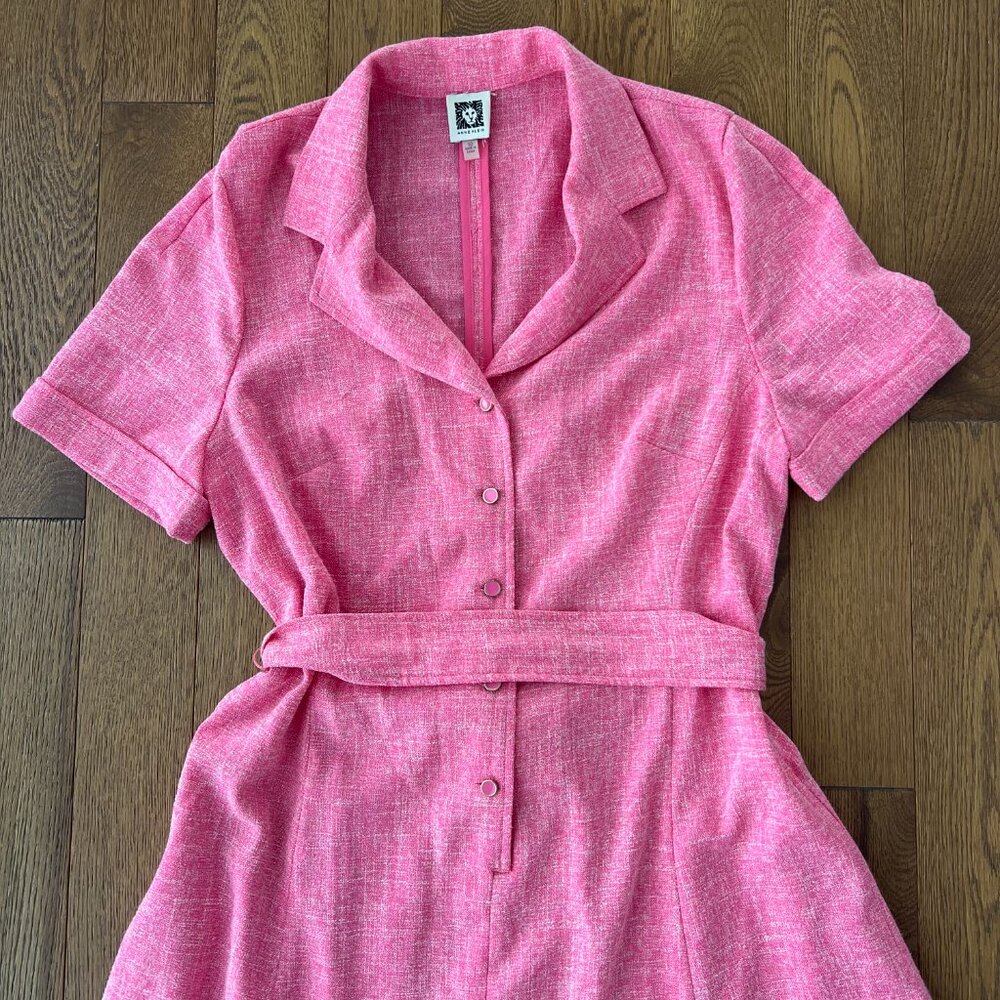 Anne Klein Pink Belted Midi Dress Tailored Button Front Short Sleeve Vintage - Picture 3 of 11